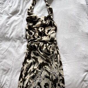 Anthropologie Green and Cream Ruched Halter Sundress